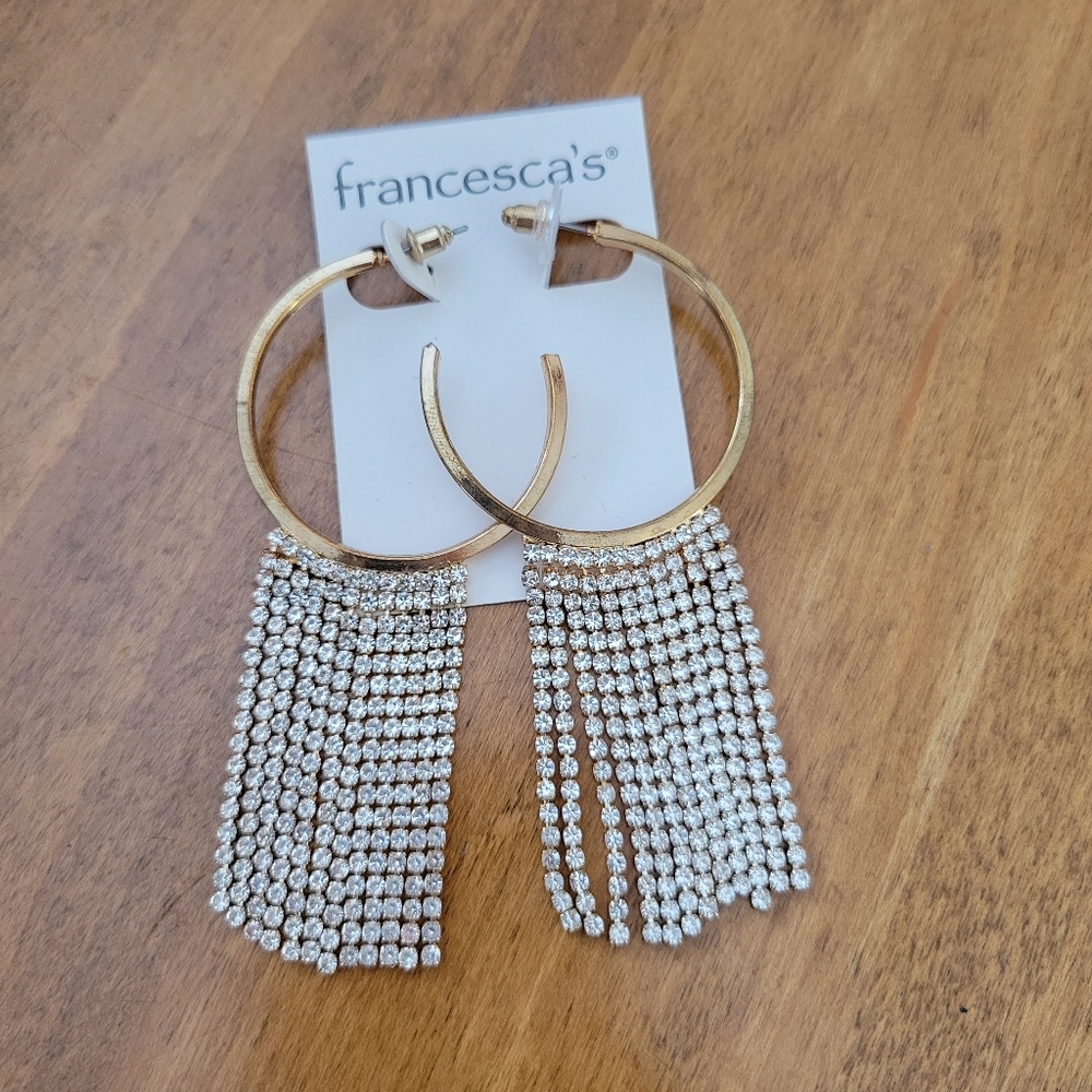 Gold Hoop Rhinestone Tassel Earrings